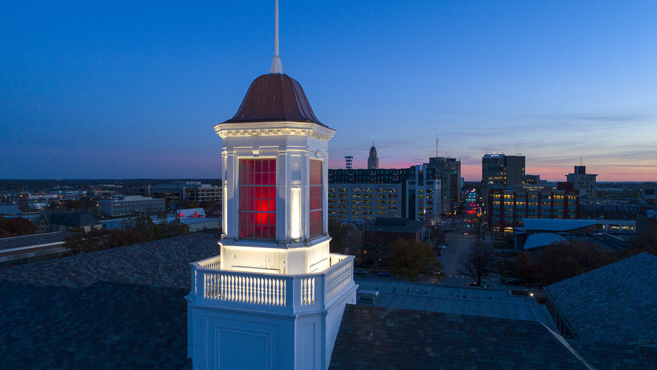 Love Library cupola at sunset; links to news story
