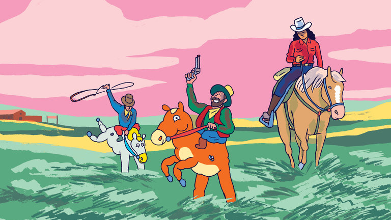 Illustration by Simon Roussin of a woman calmly riding a horse next to two rowdy cowboys on inflatable horses; links to news story