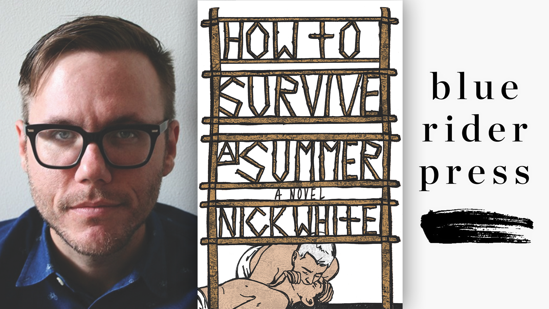 Nick White, the cover of HOW TO SURVIVE A SUMMER and the blue rider press logo; links to news story
