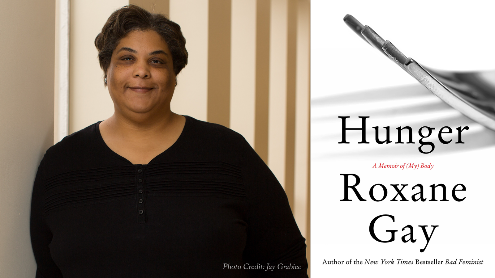 Cover of Hunger and photo of Roxane Gay by Jay Grabiec; links to news story