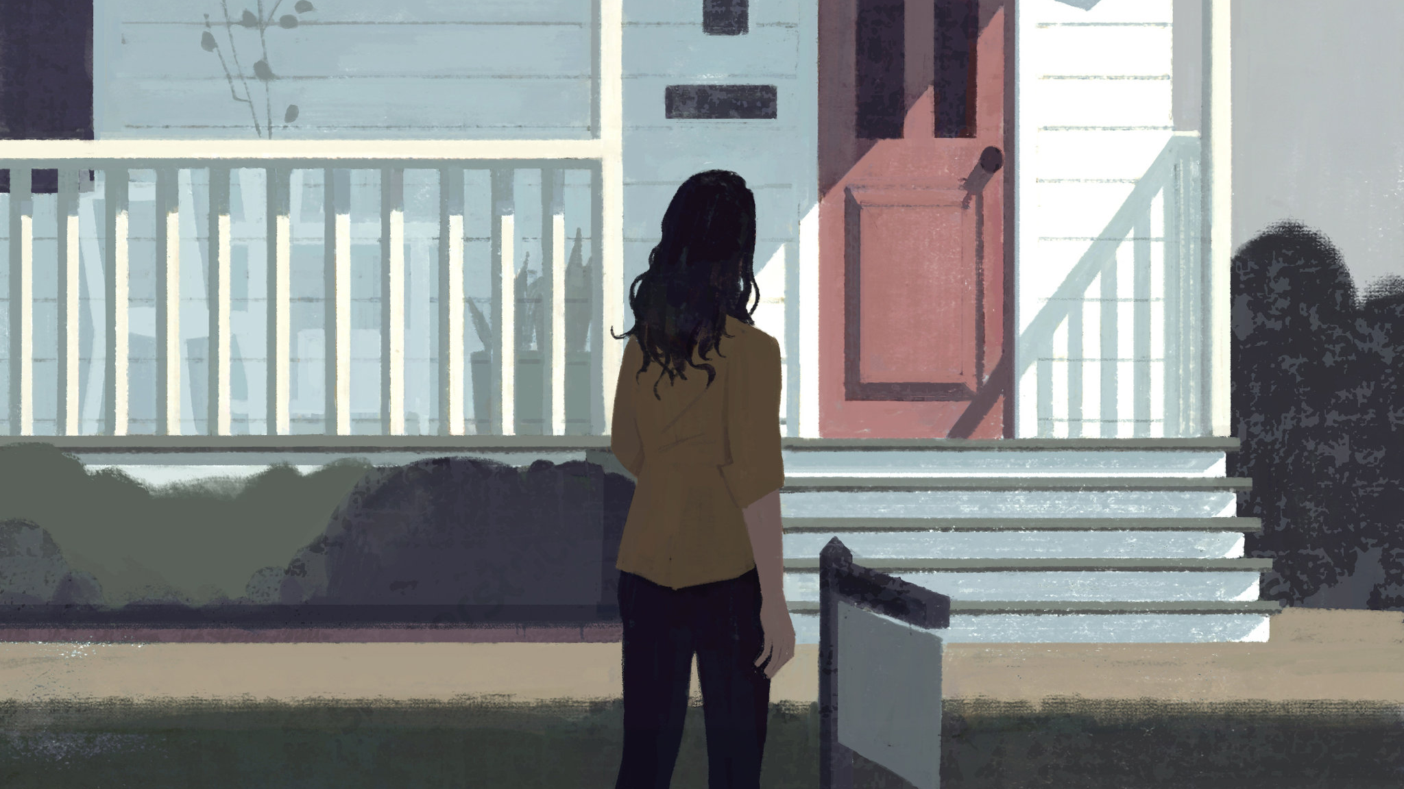 Illustration by Katherine Lam of a woman approaching a house; links to news story