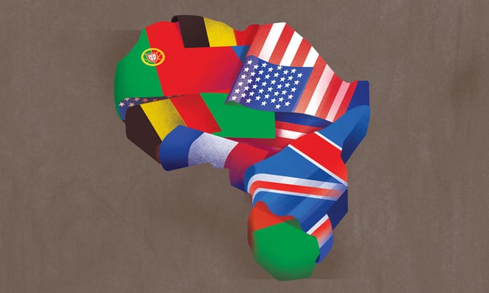 Illustration by Thomas Pullin of Africa covered in flags; links to news story
