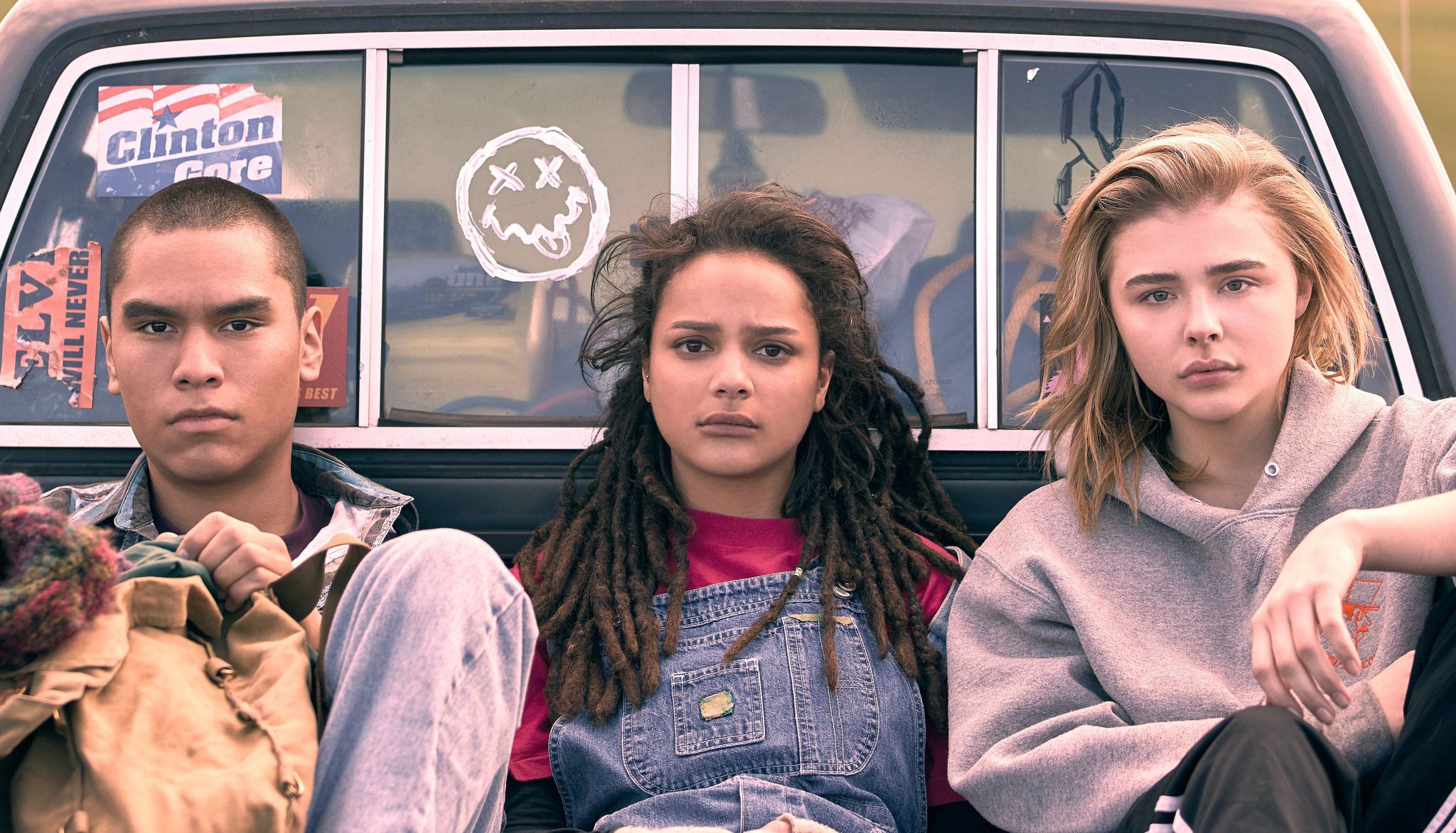 Screenshot from the upcoming film of three teens in the back of a truck; links to news story