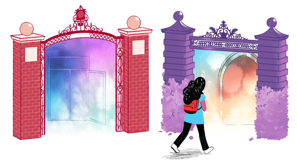Illustration of a girl with a backpack choosing from two gates, by Angie Wang for the NYT; links to news story