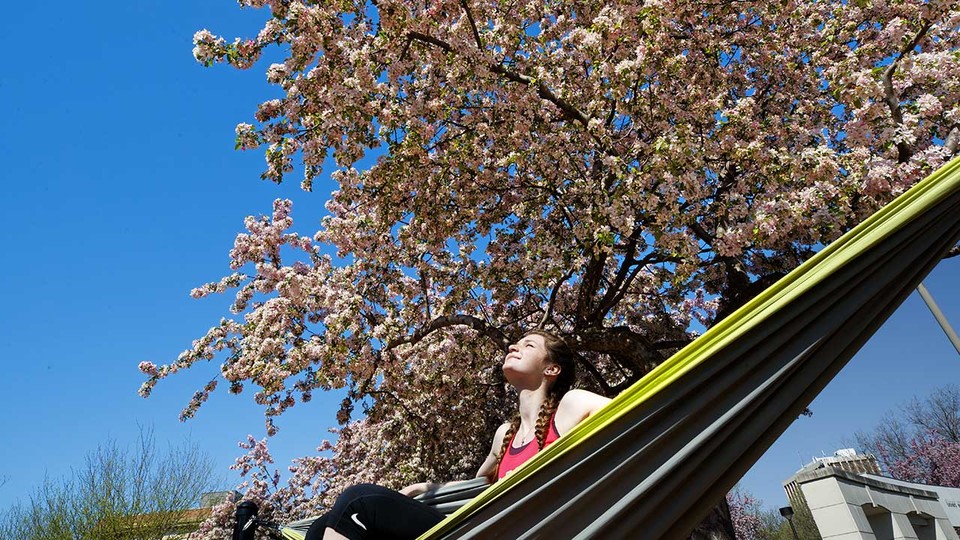 Kelsey Ewert of Ogallala enjoys the sunshine as she sits in a hammock outside the Nebraska Union; links to news story