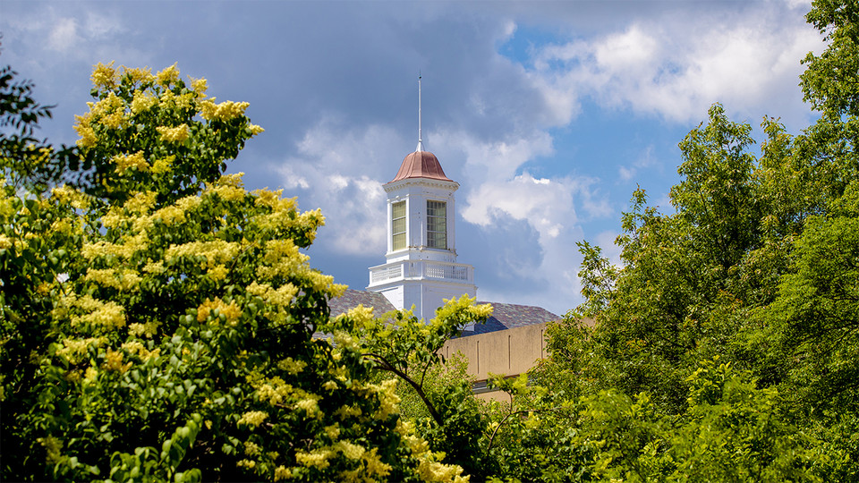 Trees and the Love Library cupola on city campus.; links to news story