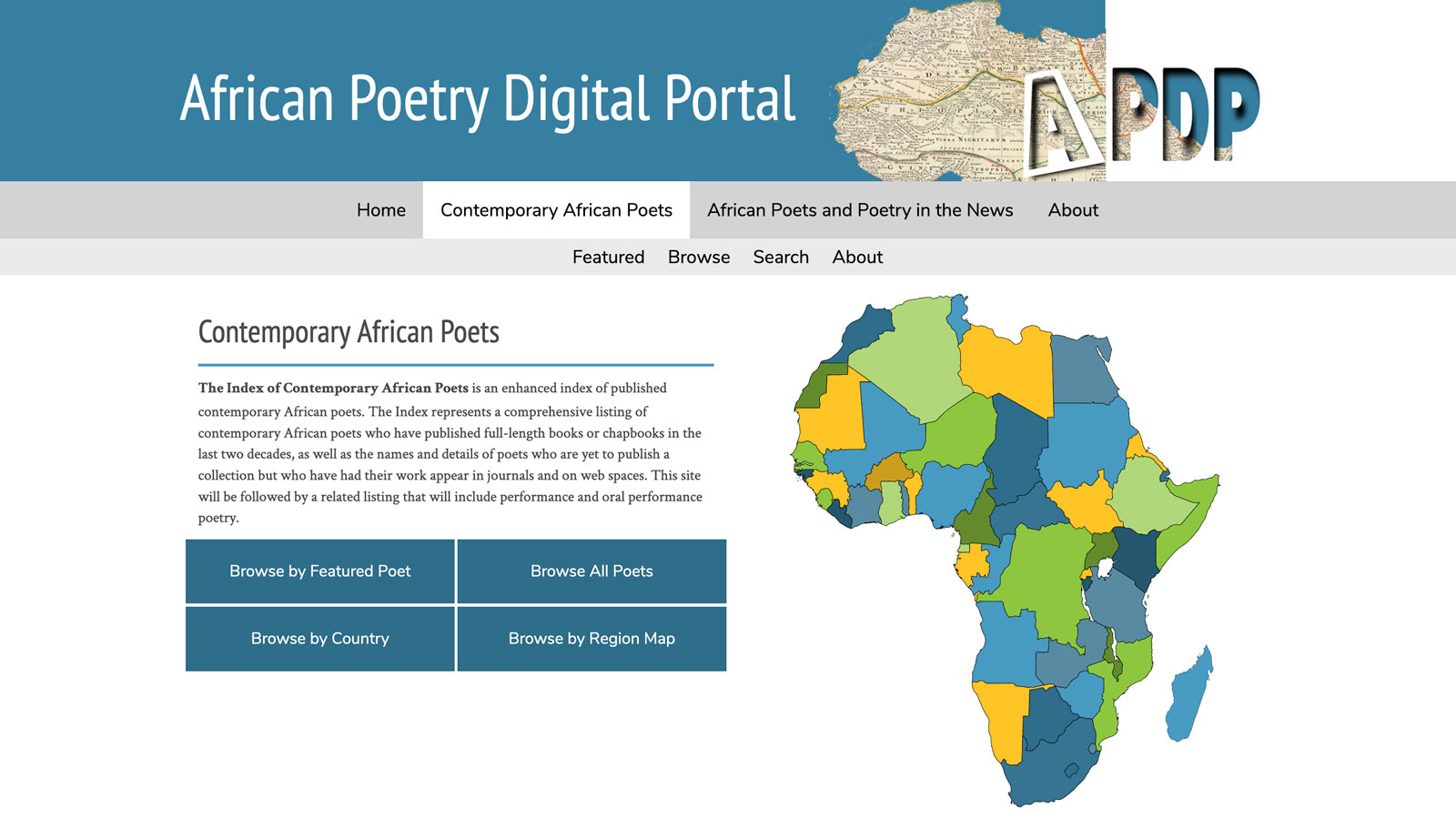 Index of Contemporary African Poets homepage with map of Africa; links to news story
