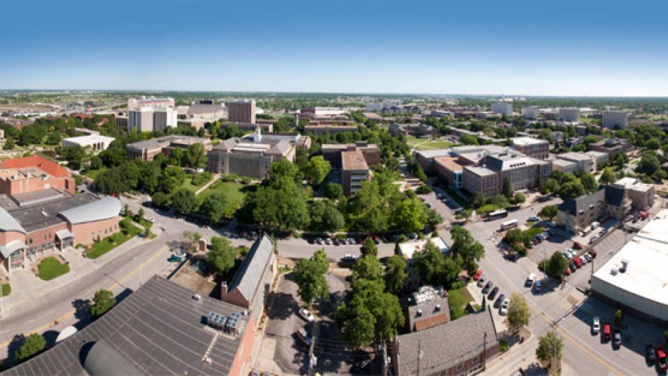 Aerial view of city campus looking north from Q street; links to news story