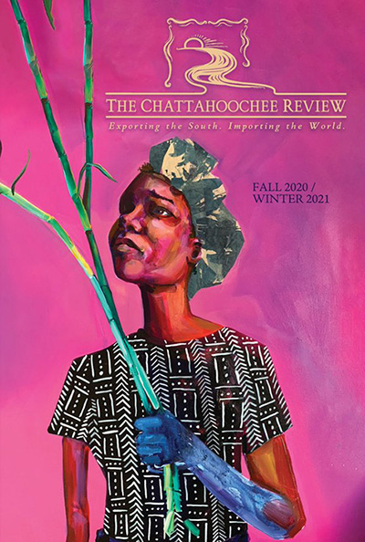 Cover of CHATTAHOOCHEE REVIEW with a girl holding bamboo in a blue-painted hand
