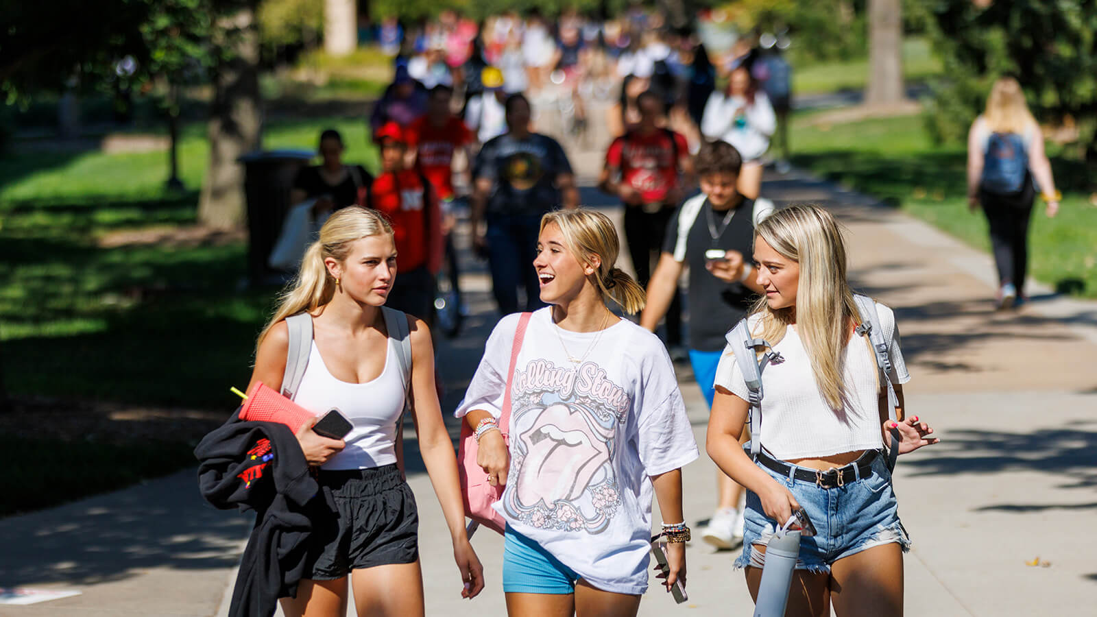 Students walking together on path during sunny day