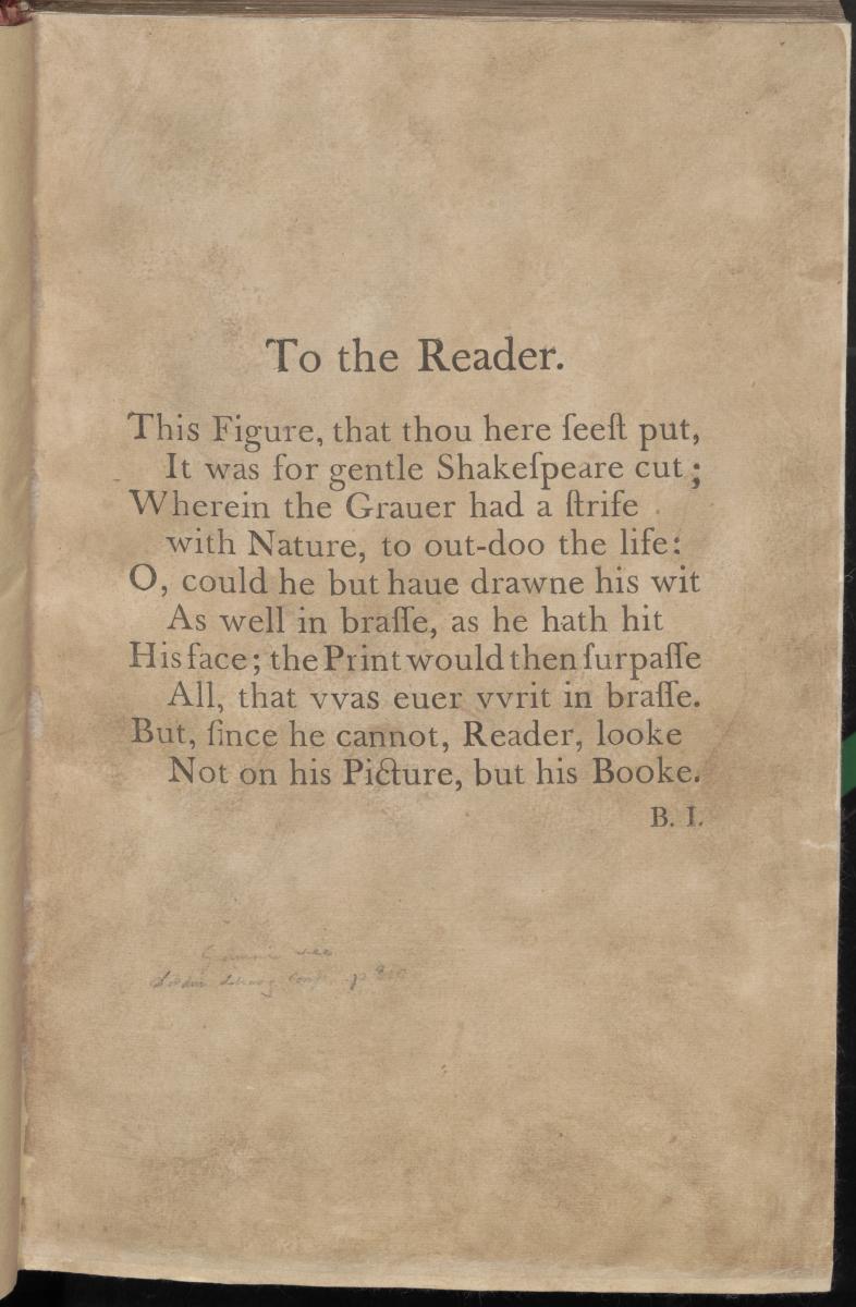 Photo of dedication to the Reader in Shakespeare's first folio