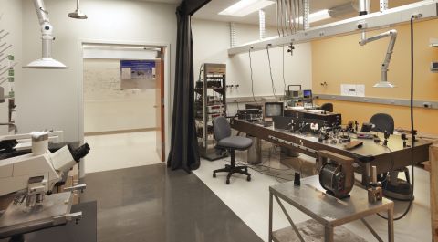 Interior of physics lab desk in Jorgensen Hall