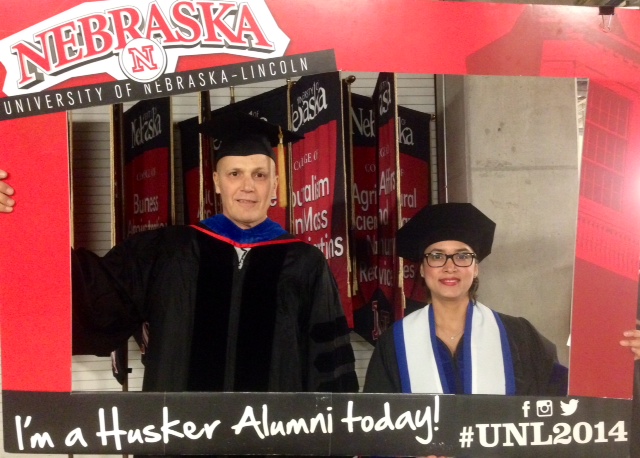 December, 2014. Tania Toruno and Jim Alfano in academic regalia after her PhD graduation from the University of Nebraska.