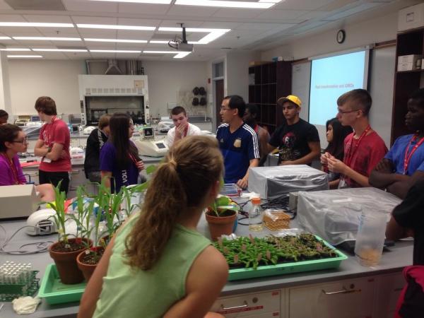 July, 2014. Invited high school students to a workshop on GMOs. Graduate student Fan Yang (blue shirt) and undergraduate student Kate Lagerstrom (foreground) helped.
