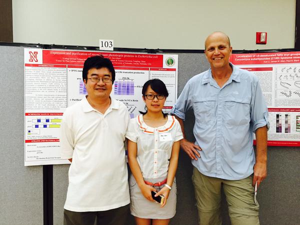 August, 2015. NW Ag & Forestry Univ (China) undergrad and UNL summer res Mu-chun Li at UNL Res Symposium. G Li, Muchun, & Alfano.