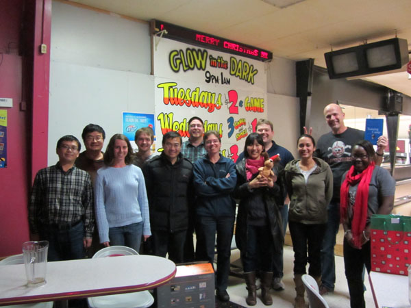 Members of the Alfano research group at the 2011 Holiday Bowling Party.