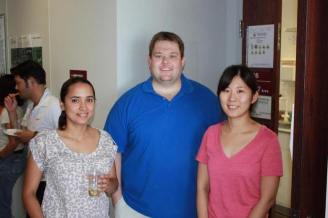 Ph.D. students (left to right) Tania Toruno, Emerson Crabill, and Anna Joe celebrate.