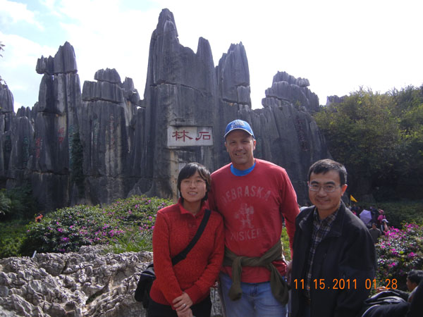 Fang ‘Tina’ Tian, Ming Guo, and Jim  Alfano at the Stone Forest near Kunming China,November 2011.