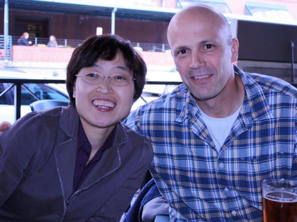 Jim Alfano and Fang 'Tina' Tian at a Lincoln pub after her Ph.D. hooding in May 2010.