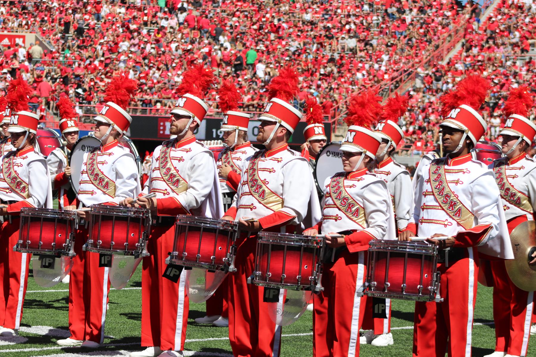 Cornhusker Marching Band snare line during pre-game.