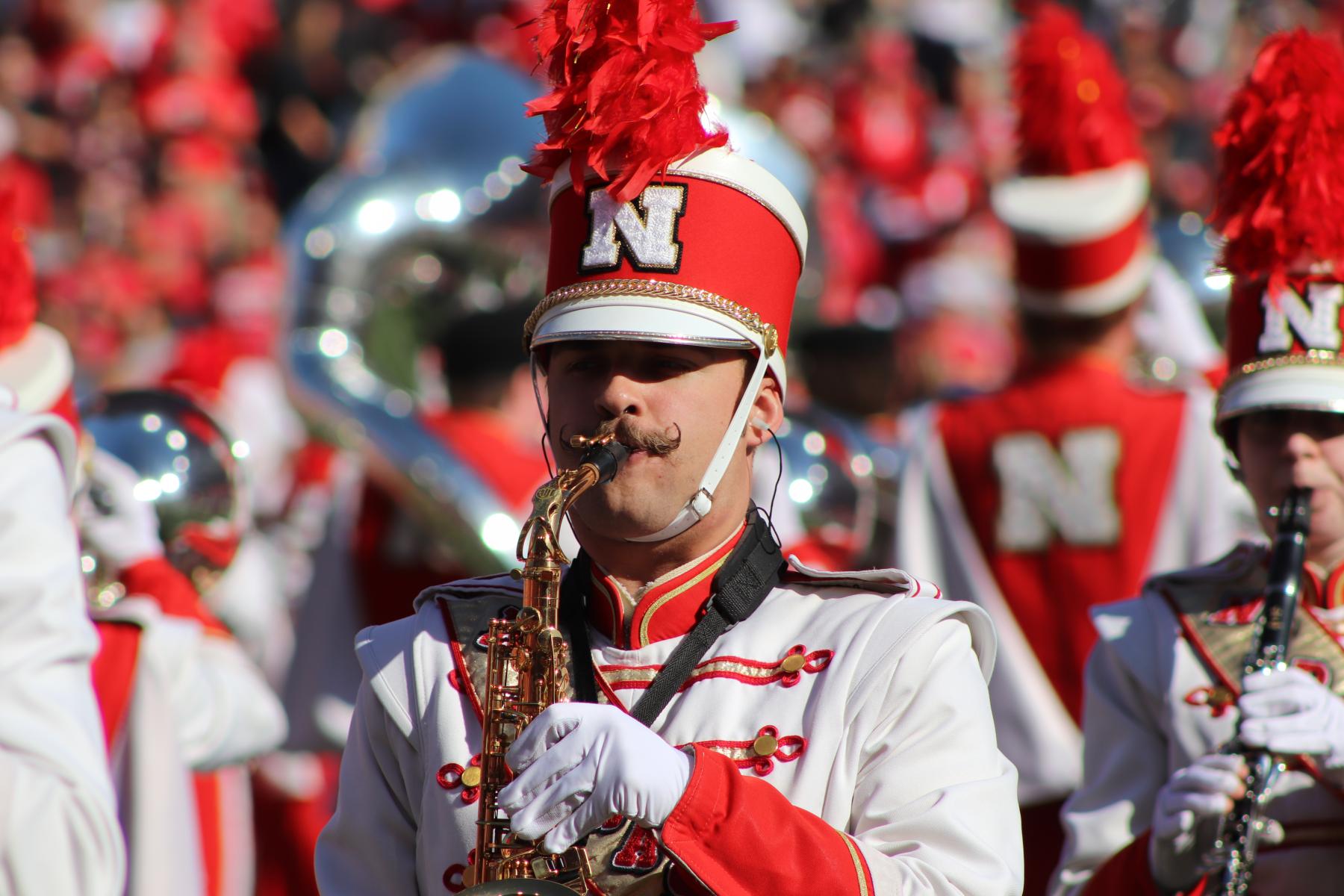 Cornhusker Marching Band saxophone player in Memorial Stadium.