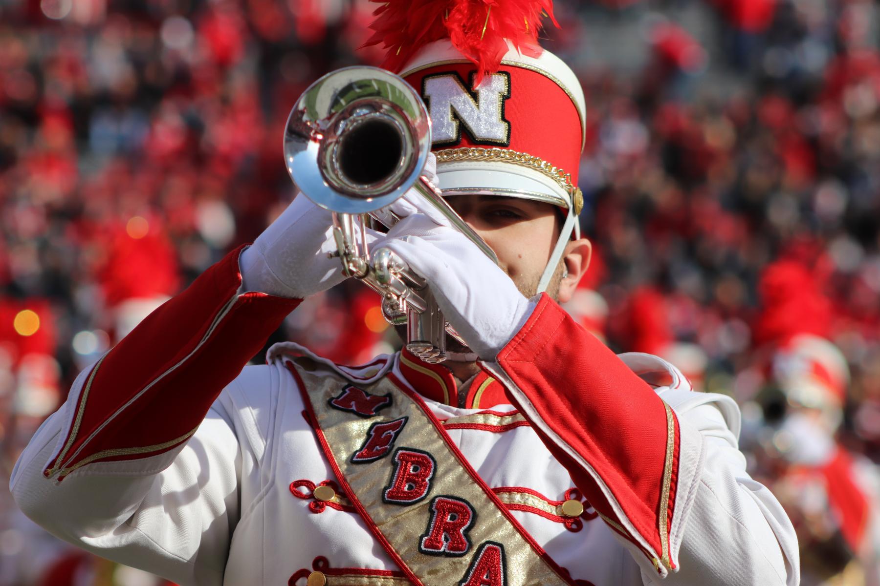 Photo of a Cornhusker Marching Band trumpet player at Memorial Stadium