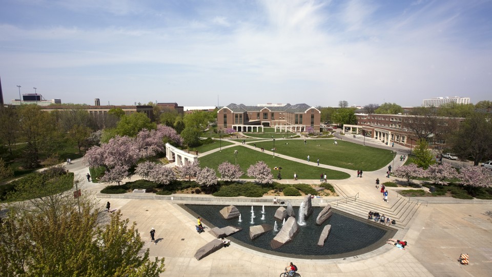 Aerial view of city campus from the upper floors of the Nebraska Union.; links to news story