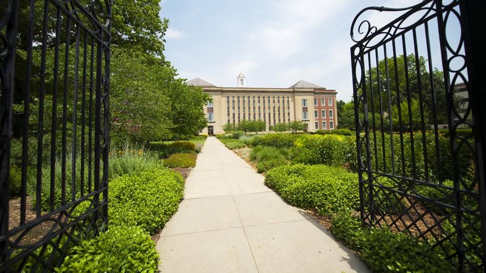 Gates outside of Love Library; links to news story