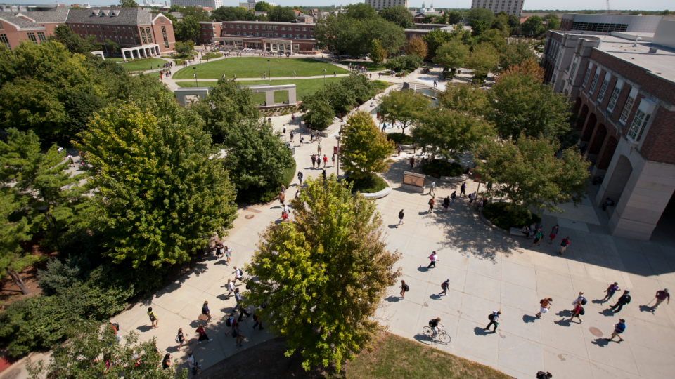 Aerial photo of the green space outside Nebraska Union.; links to news story