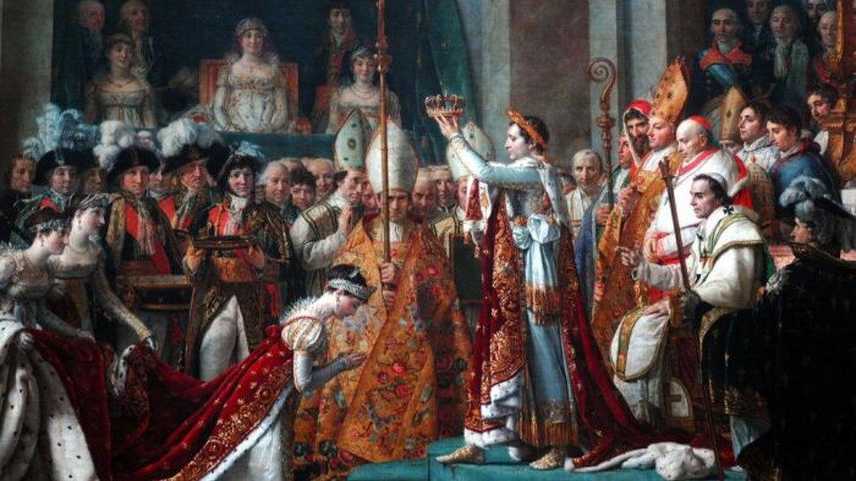 Painting by Jacques-Louis David of Napoleon Bonaparte officially assuming the title of Napoleon I, Emperor of the French People; links to news story