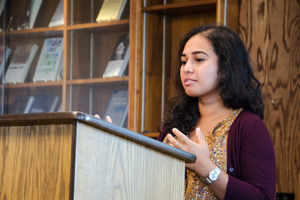 Alumna and novelist SJ Sindu at a Creative Writing Month event - photo by Erin Chambers