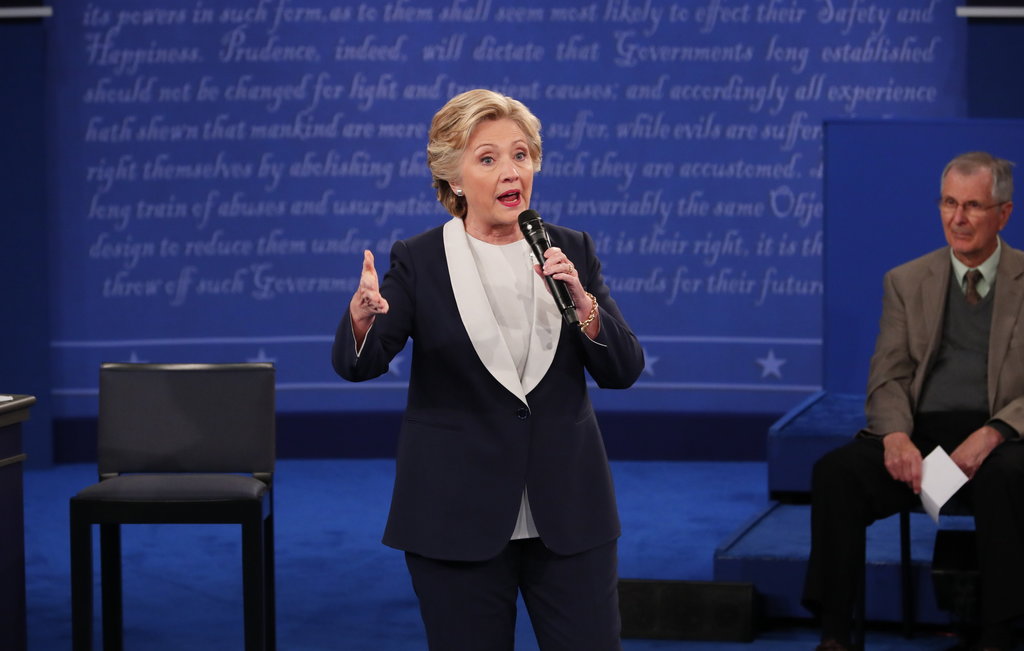 Hillary Clinton on stage at the second presidential debate in 2016.; links to news story