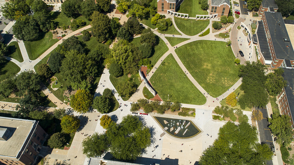 Aerial view of the greenspace on campus; links to news story