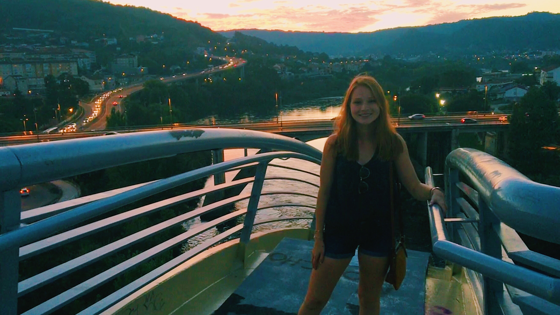 Emma Himes on a footbridge outside Ourense, Spain; links to news story