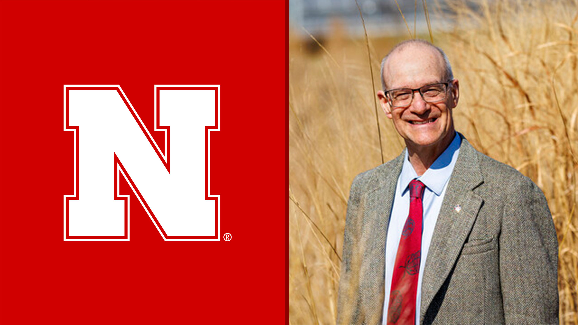 Robert Brooke photographed in front of native Nebraska prairie grasses; links to news story