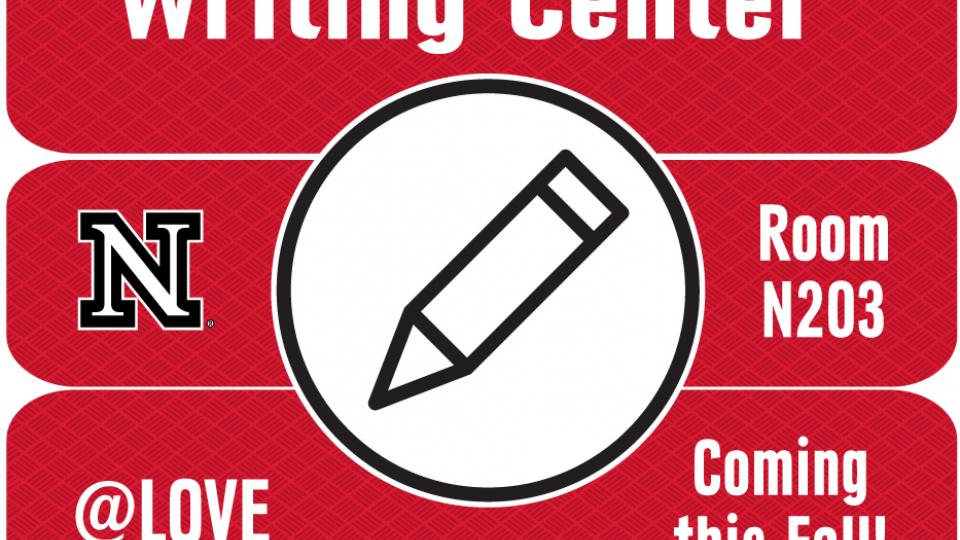 Writing Center announcement with pencil logo and text reading Room N203 Coming this Fall; links to news story