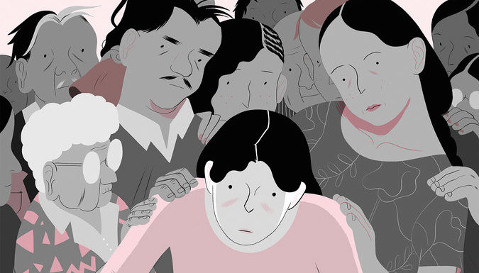 Illustration by Bianca Bagnarelli of a girl writing, surrounded by multiple generations of her family; links to news story