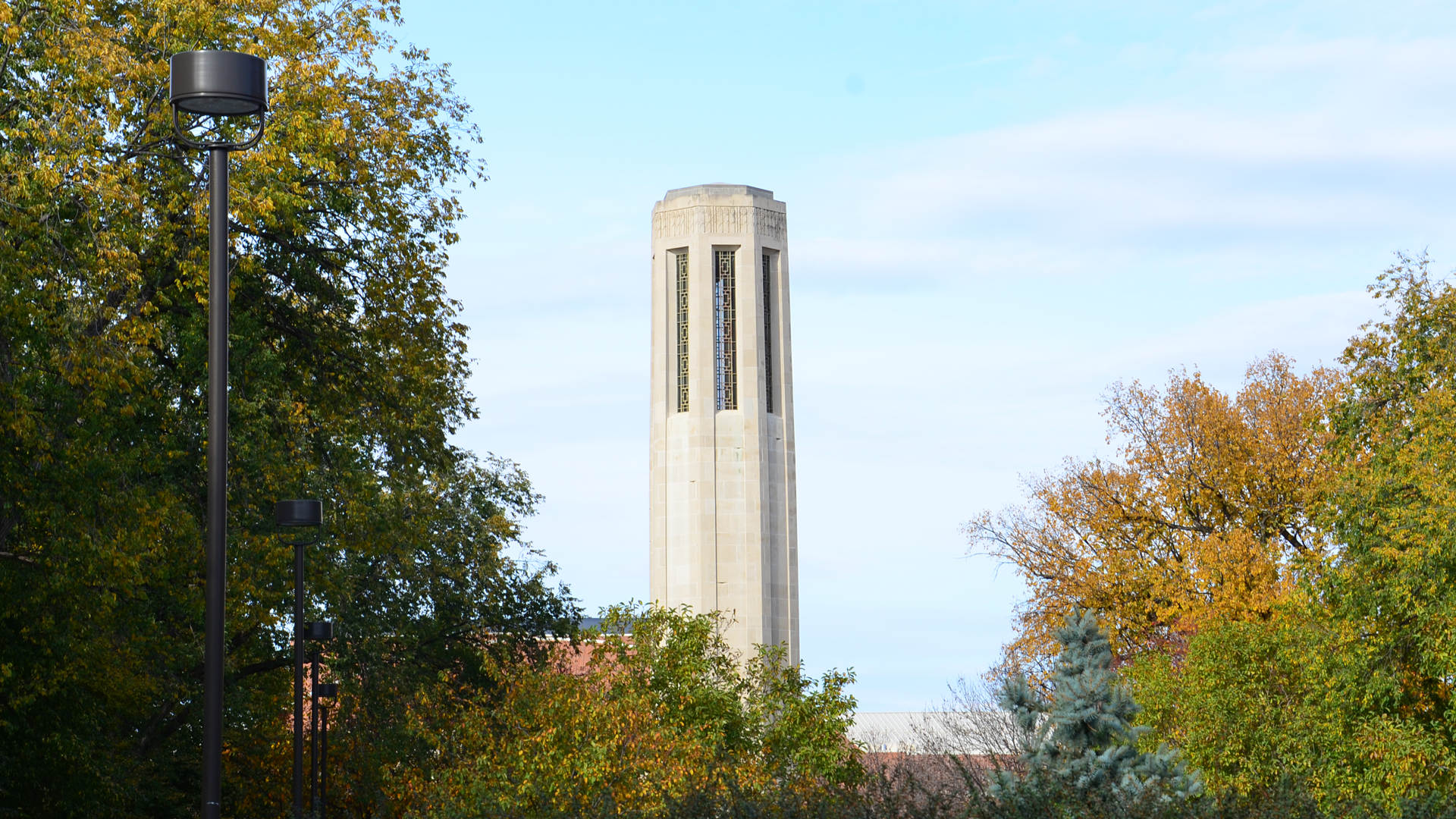 Bell tower on the university's city campus; links to news story