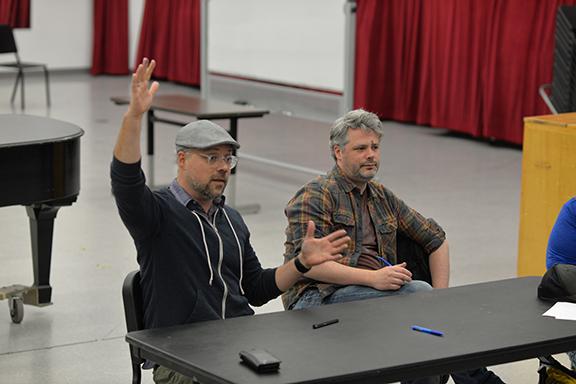 Nathan Tysen and Chris Miller meet with students in the Glenn Korff School of Music; links to news story