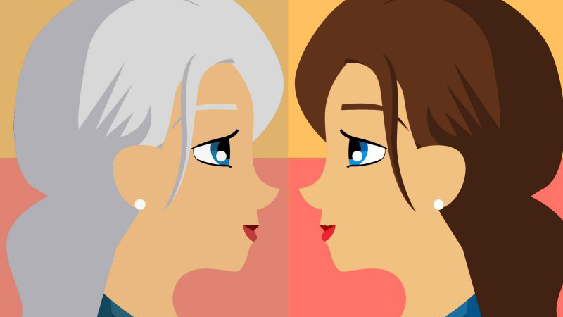 Illustration of a young and old woman facing each other; links to news story