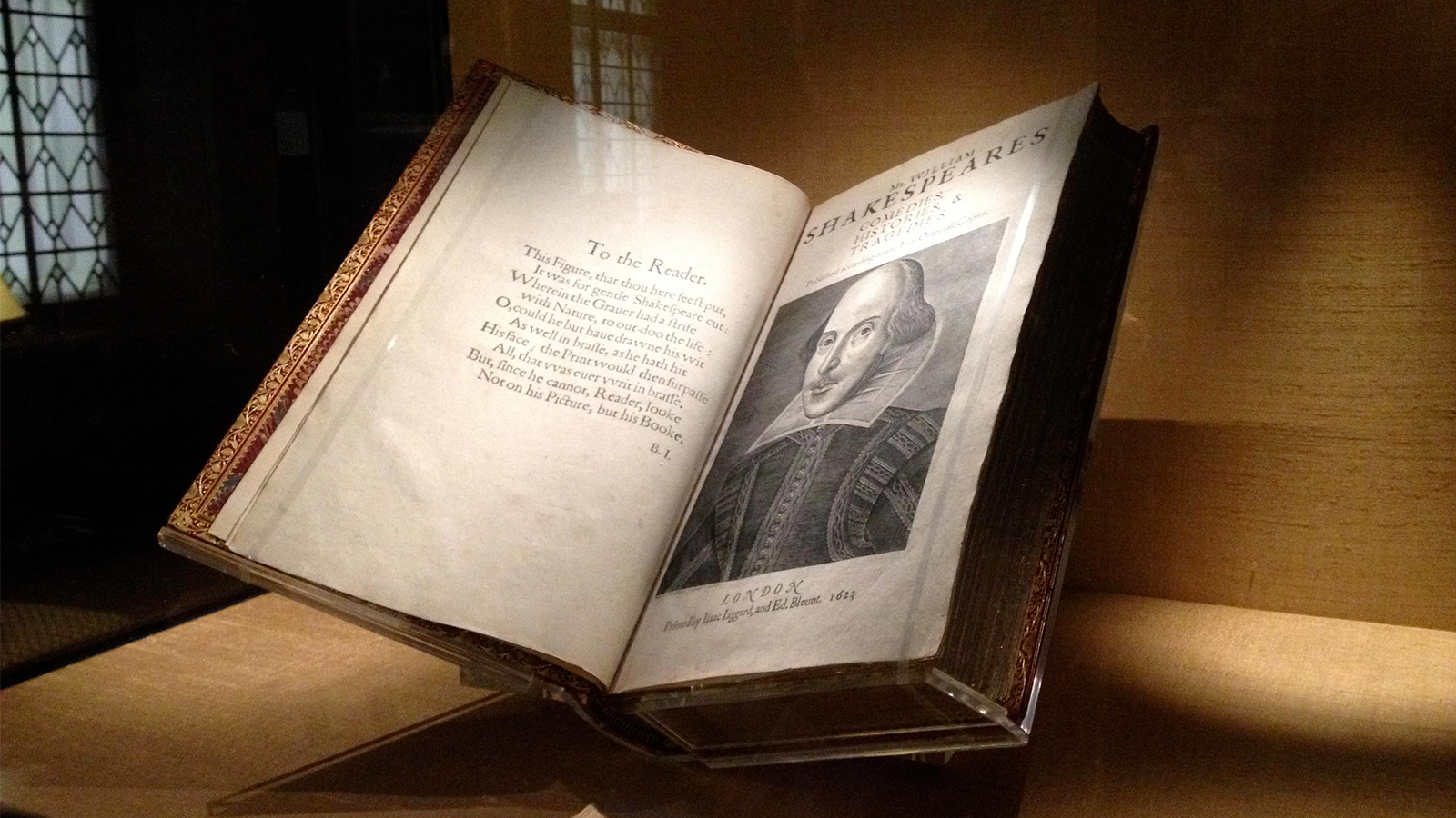 A First Folio on display at the Folger Shakespeare Library in Washington, DC; links to news story