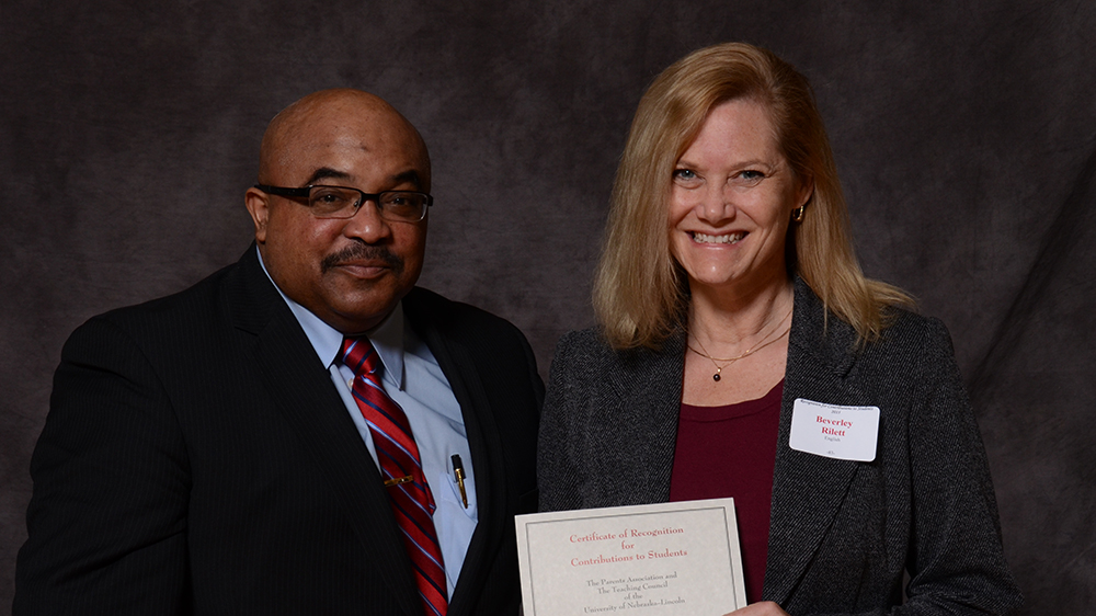 Bev Rilett receives Certificate of Recognition for Contributions to Students; links to news story