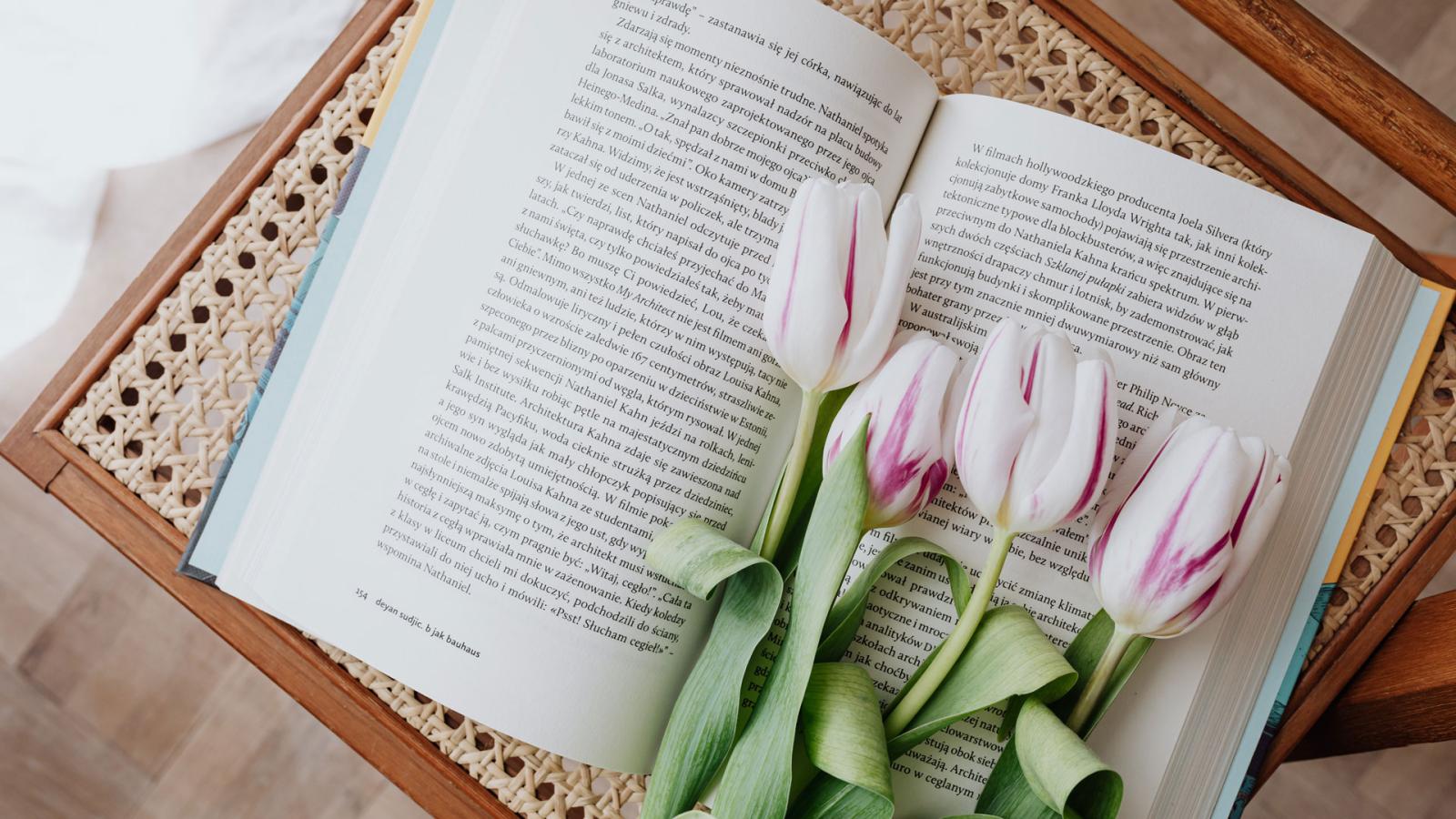 Book with pink tulips