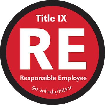 UNL's Responsible Employee Symbol:  A red circle with black border identifying a Title IX Responsible Employee with the letters RE dominant in white and the URL go.unl.edu/title-ix