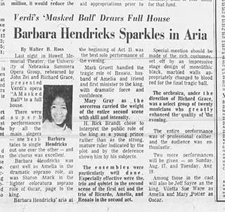 Newpaper clipping with headline that reads, Barbara Hendricks Sparkles in Aria.