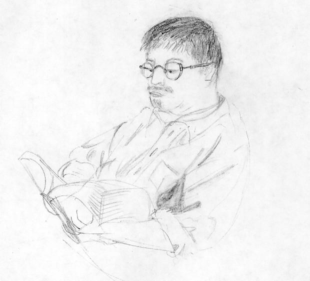 X.Z. Li reads a book, drawn by David Li, October 2004