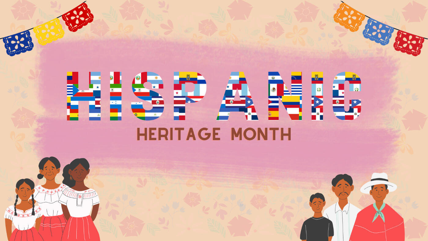 Hispanic Heritage Month image showing people in traditional clothing with bright colors