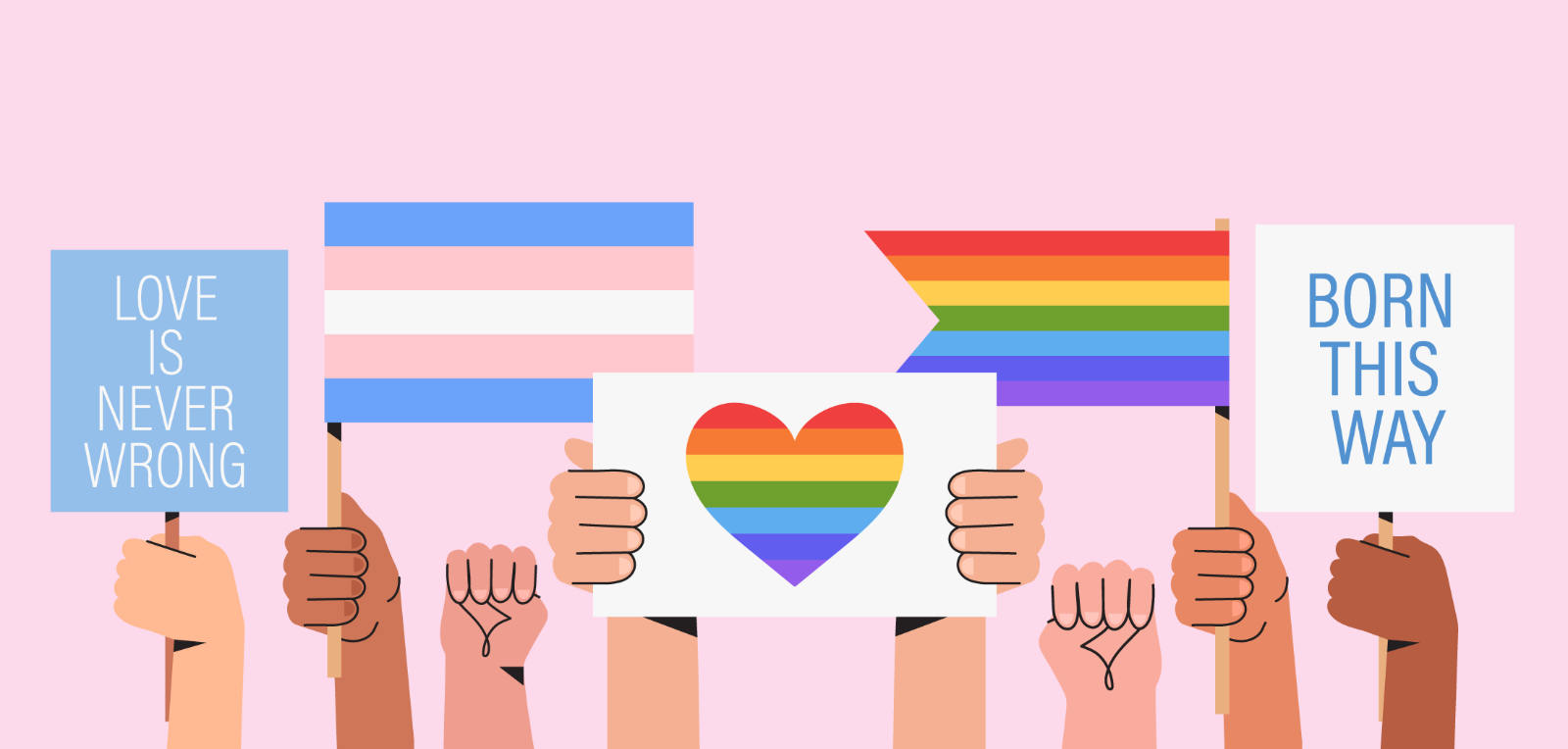 LGBTQ Pride month illustration of hands holding signs in the air