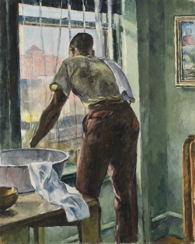 Aaron Douglas’s Window Cleaning depicts a solitary man looking out an open window, with cleaning towel and pan laid aside