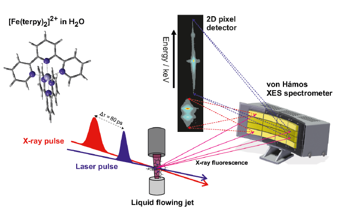 Diagram of x-ray and laser pulses flowing into jet of molecules